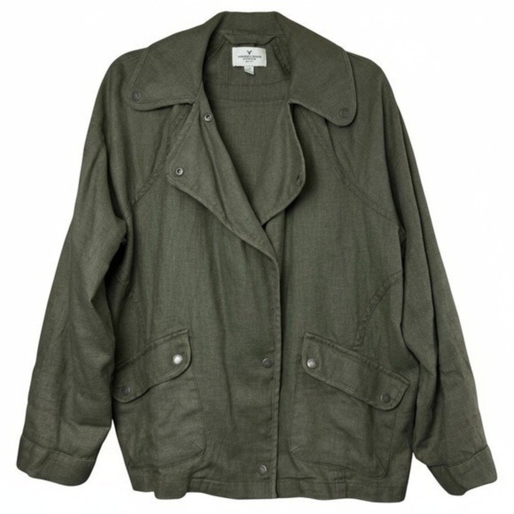 AMERICAN EAGLE Slouchy Spring Moto Jacket Snap Front Pockets Size L Olive Green